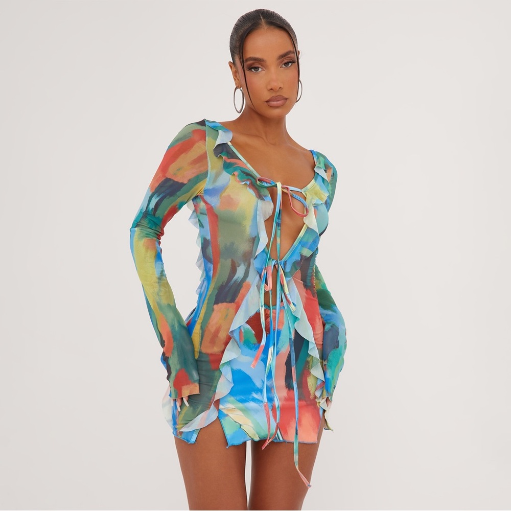 LONG SLEEVE FRILL TIE DETAIL PLUNGE MINI DRESS IN MULTI PRINT MESH